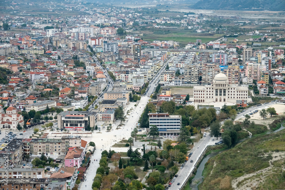 Panoramic view onto Berat city center from Berat Castle in Albania