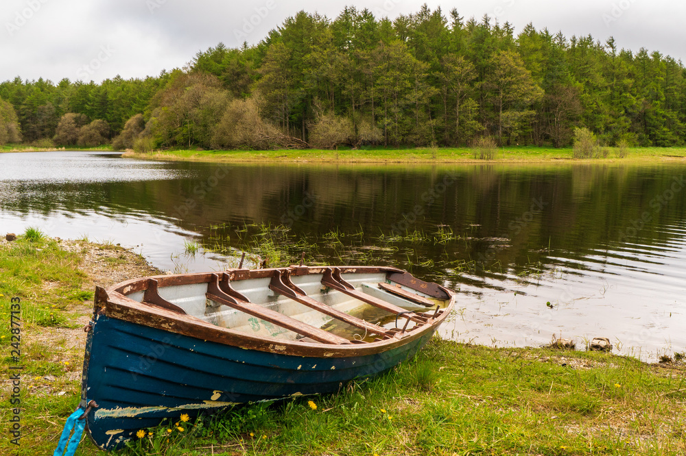 Abandoned blue wooden row boat tied down by the shore of a lake. Blessington Lake landscape on a cloudy Spring morning in Dublin, Ireland.