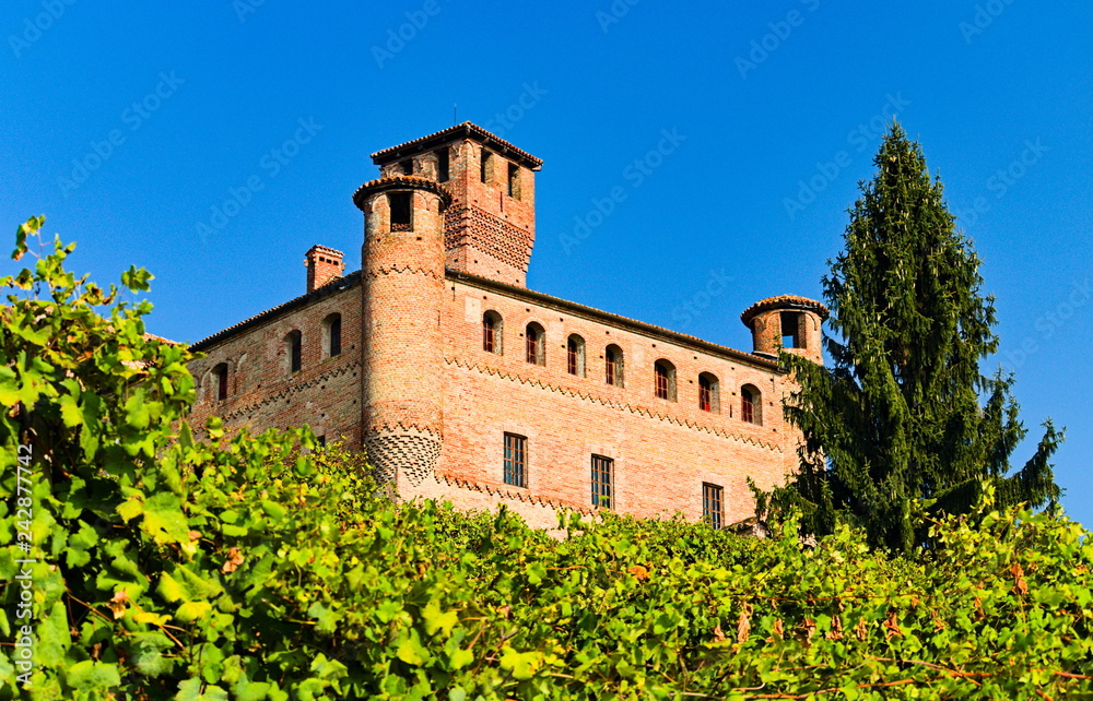 Grinzane Cavour castle, historical landmark, village in Langhe region, Piedmont, Italy