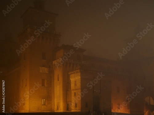 Ferrara, Italy. Este Castle, foggy night.
