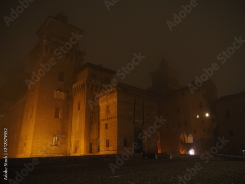 Ferrara, Italy. Este Castle, foggy night.