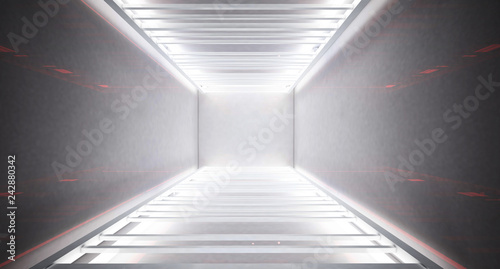 White neon Metal construction, stairs, white neon light. Light abstract background, white, gray color. Glare of light rays. 3D Rendering