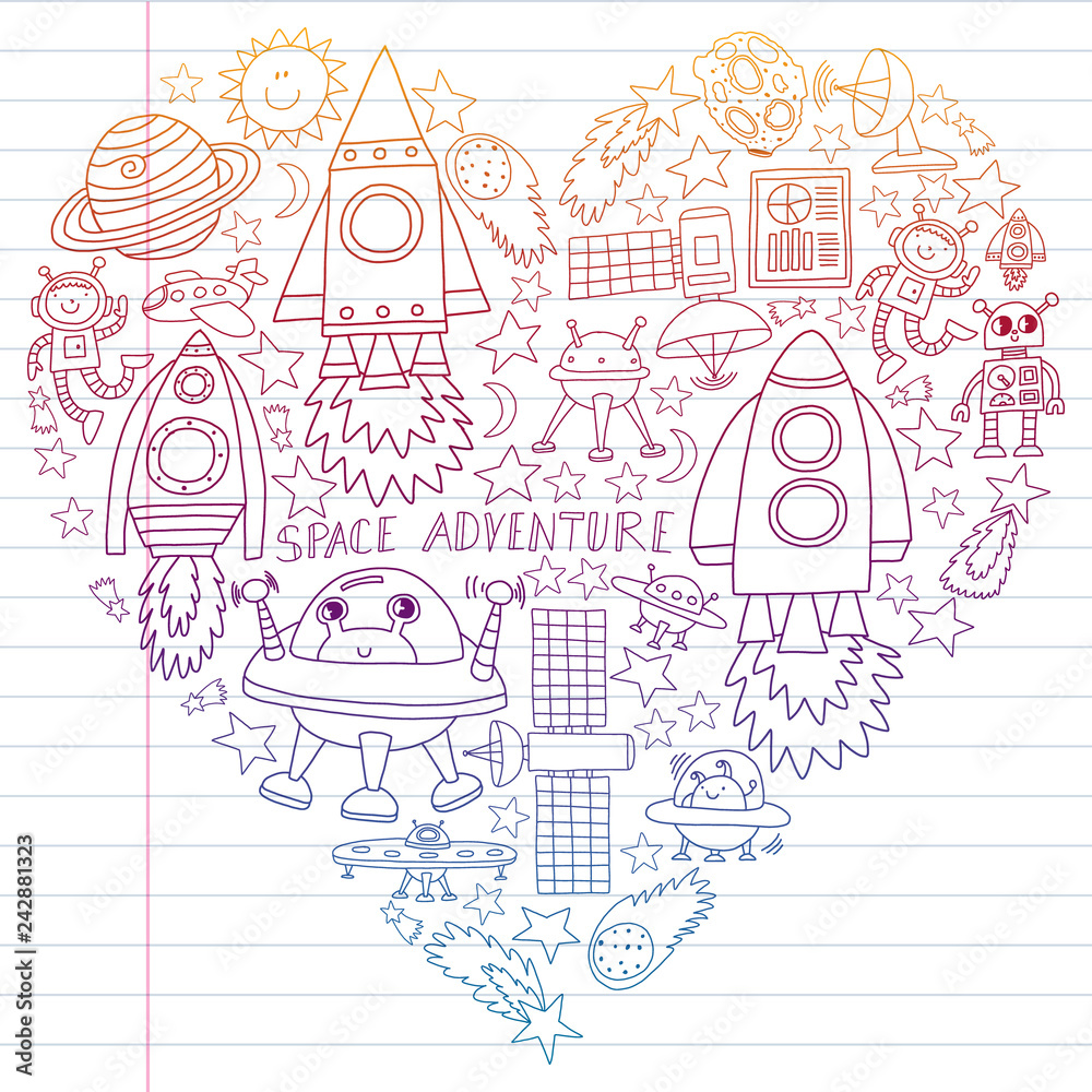 Fototapeta premium Vector set of space elements icons in doodle style. Painted, colorful, gradient on a piece of linear paper on white background.