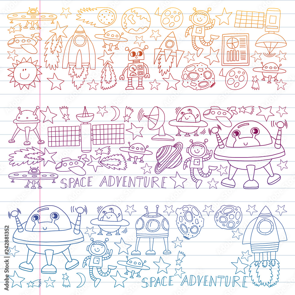 Fototapeta premium Vector set of space elements icons in doodle style. Painted, colorful, gradient on a piece of linear paper on white background.