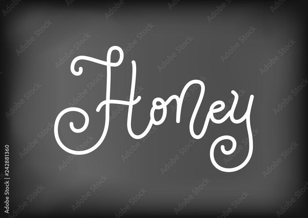 Modern calligraphy lettering of Honey in white on blackboard background stylized as chalk lettering for decoration, poster, banner, sticker, packaging, logo, shop, cafe, restaurant, bar, recipe book Modern calligraphy lettering of Honey in white on blackboard background stylized as chalk lettering for decoration, poster, banner, sticker, packaging, logo, shop, cafe, restaurant, bar, recipe book