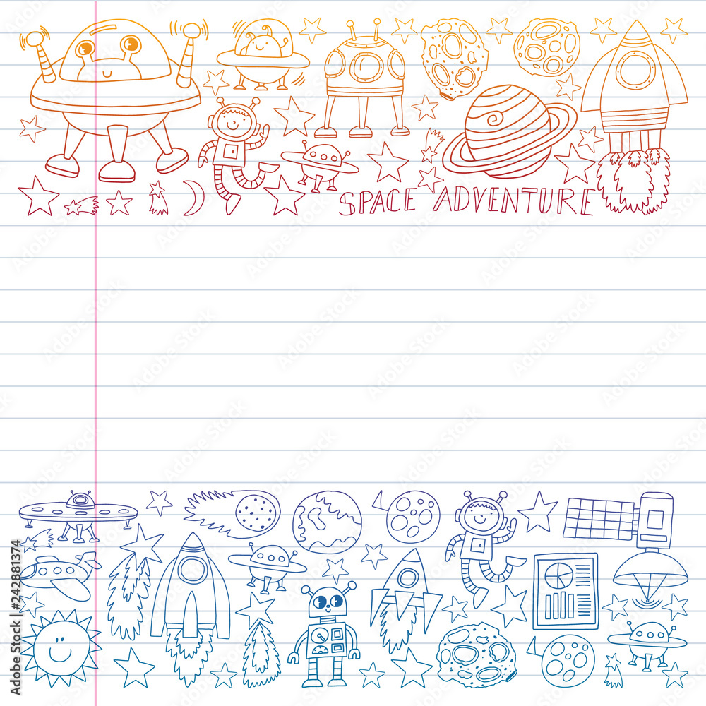 Vector set of space elements icons in doodle style. Painted, colorful, gradient on a piece of linear paper on white background. Vector set of space elements icons in doodle style. Painted, colorful, gradient on a piece of linear paper on white background.
