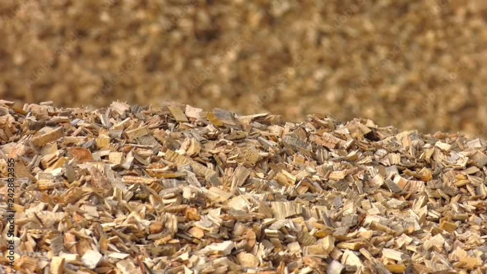 The energy industry. Small wood chips closeup. Wood chipping. Piles of wood chips in storage. Wood chips for a biomass combustion The energy industry. Small wood chips closeup. Wood chipping. Piles of wood chips in storage. Wood chips for a biomass combustion