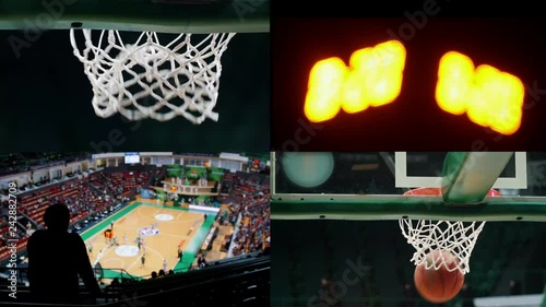 4 in 1 - basketball game. sports scoreboard with time numbers, basketball hoop and field.