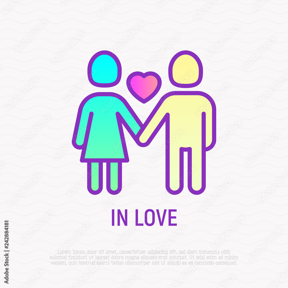 Couple in love: girl and boy are holding hands and heart between them. Thin line icon. Modern vector illustration. Couple in love: girl and boy are holding hands and heart between them. Thin line icon. Modern vector illustration.