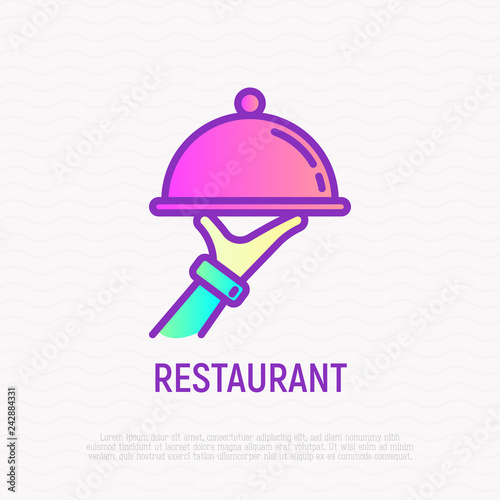 Food service thin line icon: cloche in waiter's hand. Modern vector illustration of restaurant delivery.