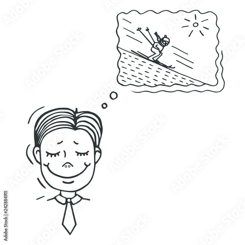 Office worker dreams of vacation. Vector illustration, design element, recreation concept.