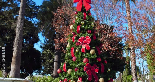 Christmas tree with red ribbon decorations and palm trees on Rodeo Drive in Beverly Hills, California, 4K