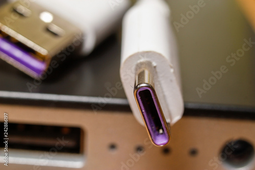 USB type C charging and data cable. Macro photography