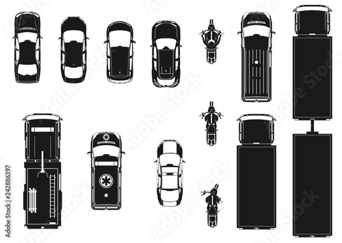 Vehicles. Set of different vehicle icons. Car, ambulance, motorcycle, truck and fire truck icons. Flat vector.