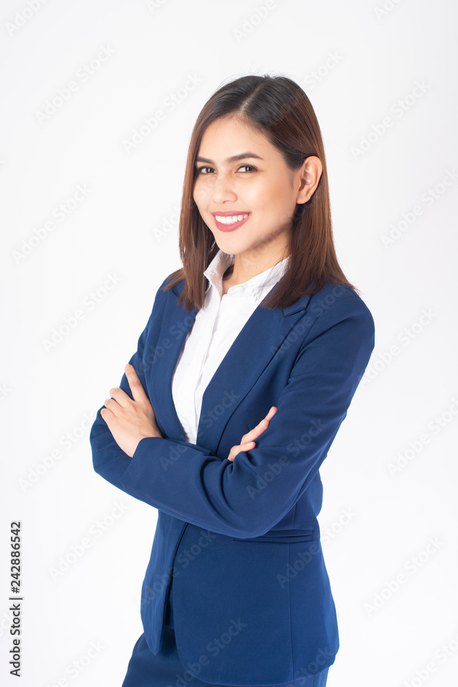 Beautiful Business Woman in blue suit is smiling on white background Beautiful Business Woman in blue suit is smiling on white background