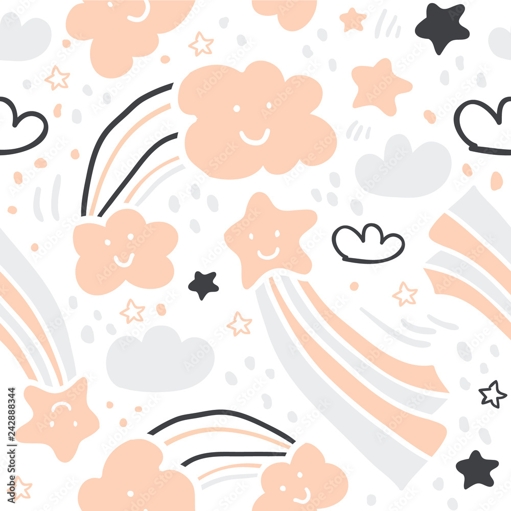 Cute scandinavian handdrawn pattern- stars, clouds
