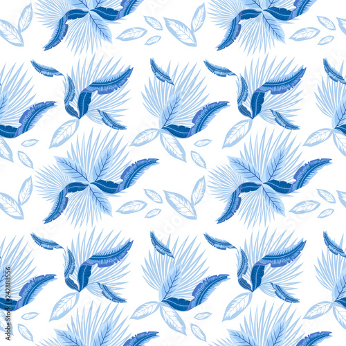 Seamless pattern of tropical palm leaves, monstera leaves. Wallpaper trend design.