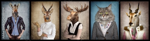Animals in clothes. People with heads of animals. Concept graphic, photo manipulation for cover, advertising, prints on clothing and other. Zebra, deer, moose, cat, goat. © cranach
