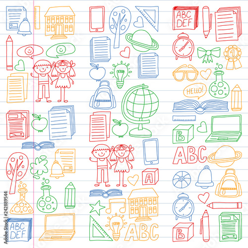 Vector set of secondary school icons in doodle style. Painted, colorful, pictures on a piece of linear paper on white background.