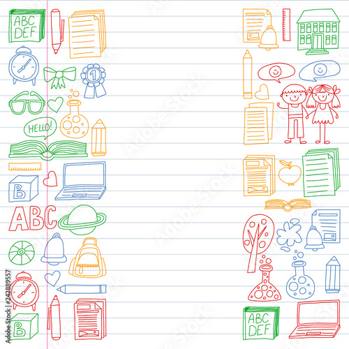Vector set of secondary school icons in doodle style. Painted, colorful, pictures on a piece of linear paper on white background.