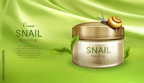 Skincare repairing cream realistic vector cosmetic banner, poster with snail climbing on face cream, mask jar on background of delicate silk fabric with creases Innovative natural cosmetics product ad