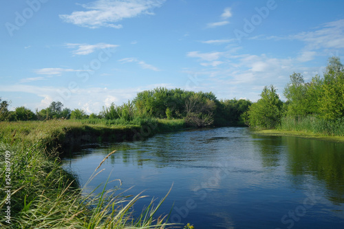 river, land with trees and cloudy sky