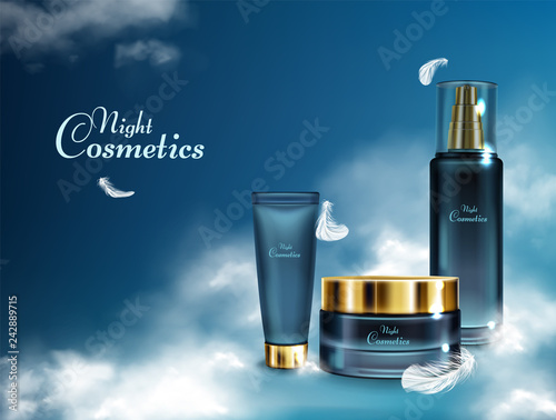 Womens night cosmetics 3d realistic vector banner with facial cream jar, moisturizing lotion tube, cosmetic or perfume bottle illustration on blue sky with white clouds and flying feathers background
