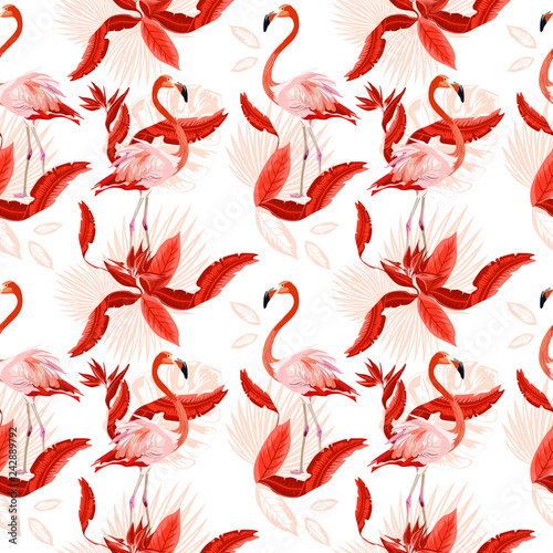 Vector seamless tropical pattern, exotic birds, vivid tropic foliage, with monstera leaf, palm leaves, bird of paradise flower. Pattern trend design.