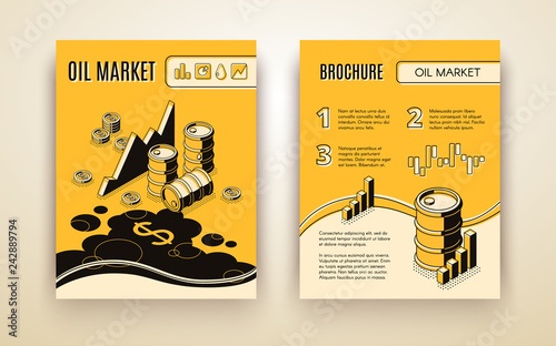 Oil trading, petroleum production company, energy exchange isometric vector promo brochure, booklet, annual report pages layout design template. Money and barrels on spilled oil line art illustration