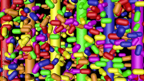 Rainbow Color Capsules Lifting Along Color Rods, 3D Animation