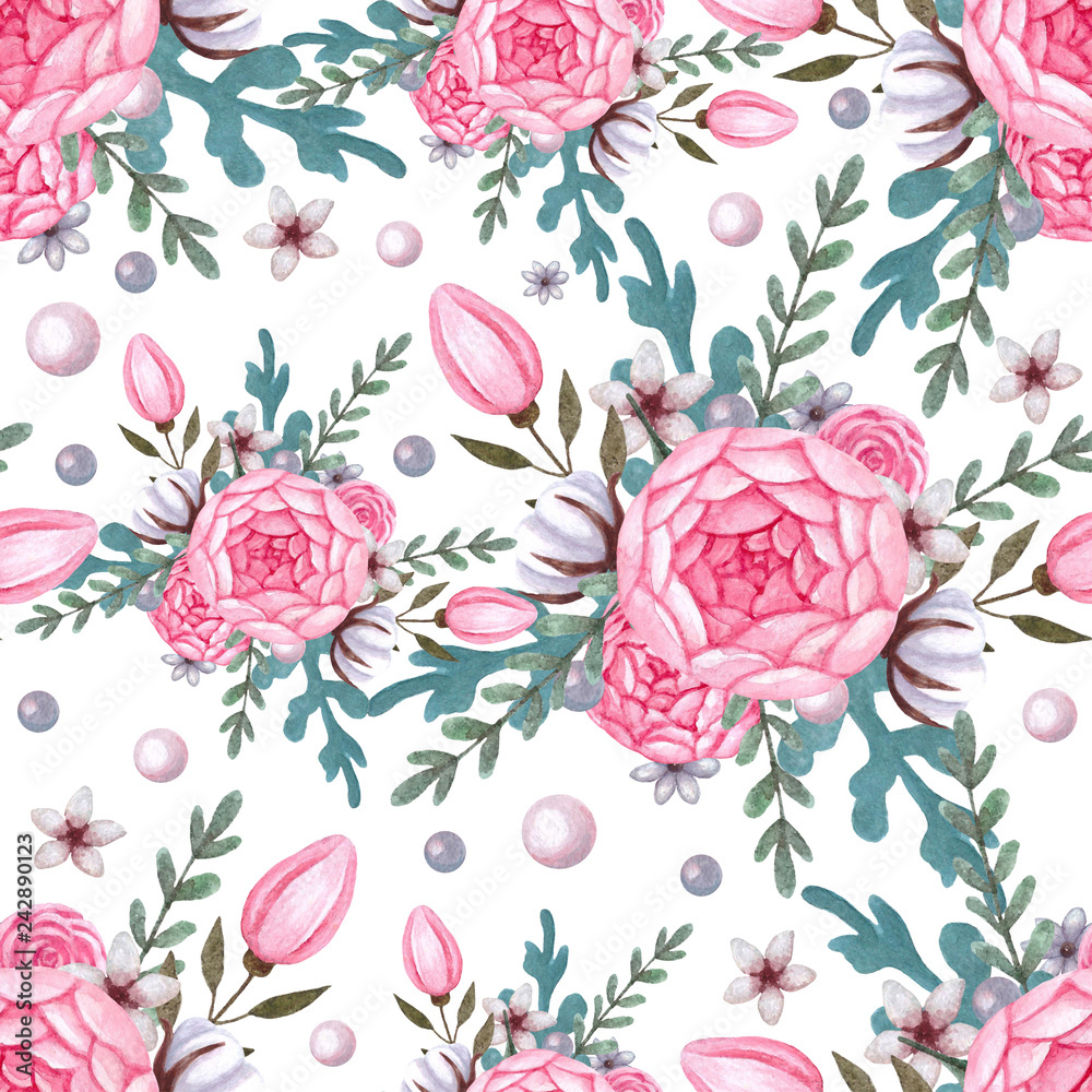 Floral Pattern Background with pink peony and cotton.