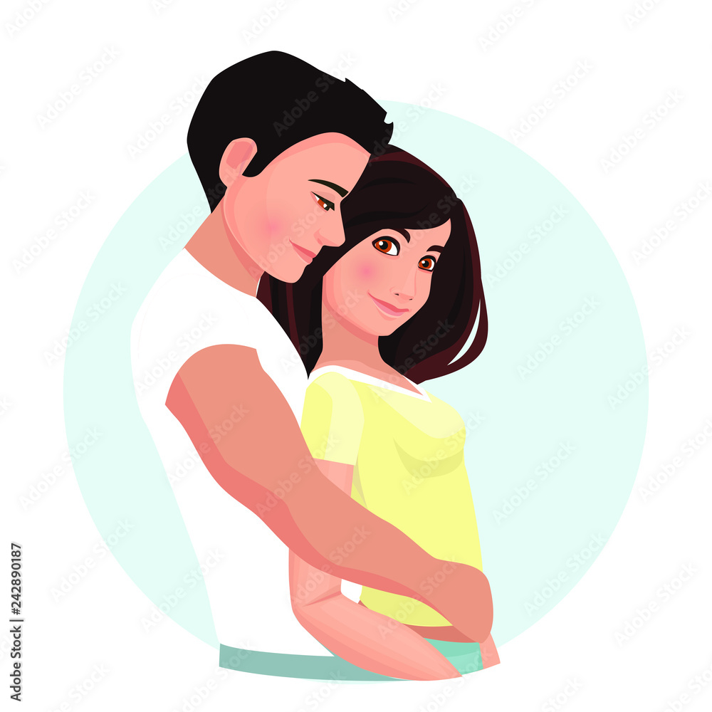 Couple in love. A man is hugging a woman. Vector illustration. Spouses, husband and wife.