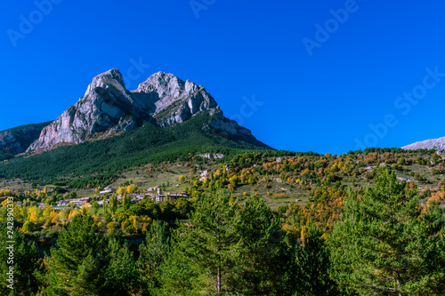 View of the Pedraforca Mountain, in the autumn (Pyrenees Mountains, Catalonia, Spain)
