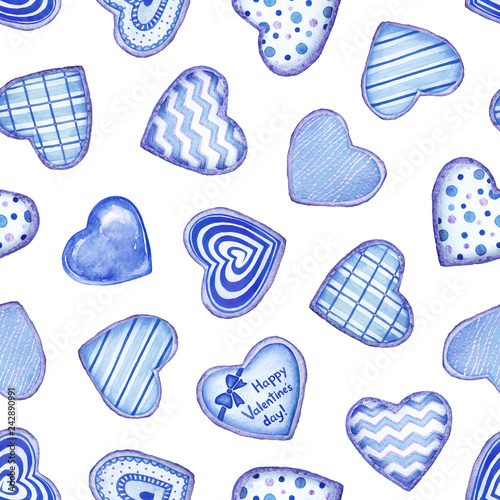 Seamless pattern with watercolor blue heart shaped cookies with glaze on white background.