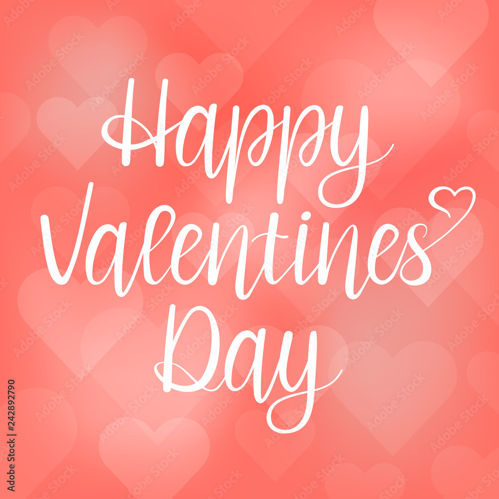 Happy Valentine's Day lettering on pink abstract background with hearts. Vector greeting illustration.