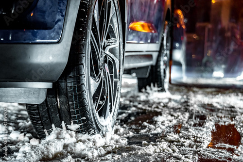 Moscow  Russia - January 2019 - Hyundai brand sports rim and tires Kumho on the stand  winter time  snow and ice