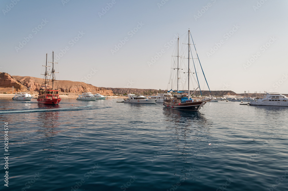 Sinai mountains and picturesque landscapes of the red sea in Egypt. Boat trip on the red sea