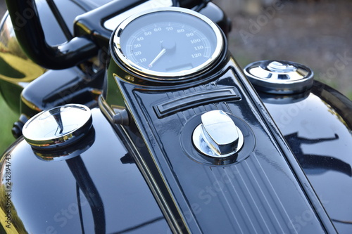 Close-up chromed motorcycle ,speedometer, clock