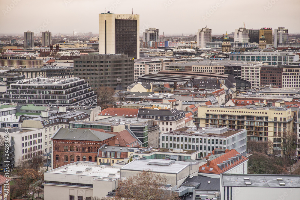 BERLIN, GERMANY - January 05, 2019, Berlin Mitte with railway station Friedrichstrasse   - aerial view 