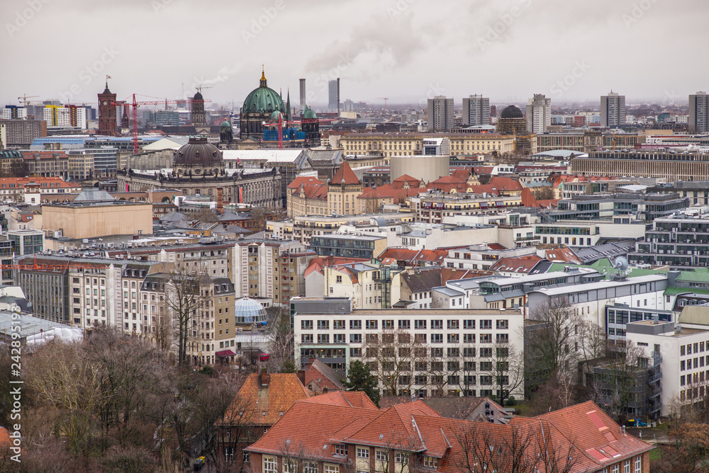 BERLIN, GERMANY - January 05, 2019, Berlin Mitte with Berlin Cathedral in the rear and red town hall  - aerial view 