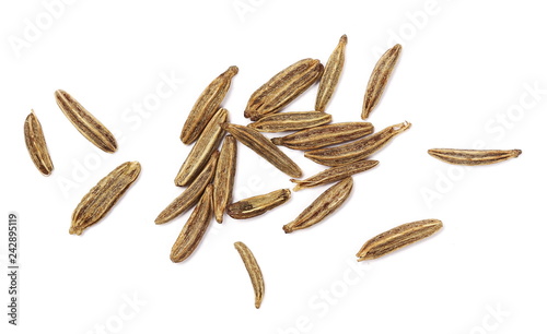 Cumin, macro caraway seeds isolated on white background, top view