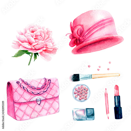 watercolor drawings: women's things. Hat, handbag, cosmetics, peony