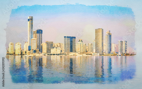 Digital art water color painting of widescreen panorama of the city skyline of Xiamen with reflections in ocean