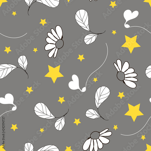 white flowers and yellow stars on a gray color