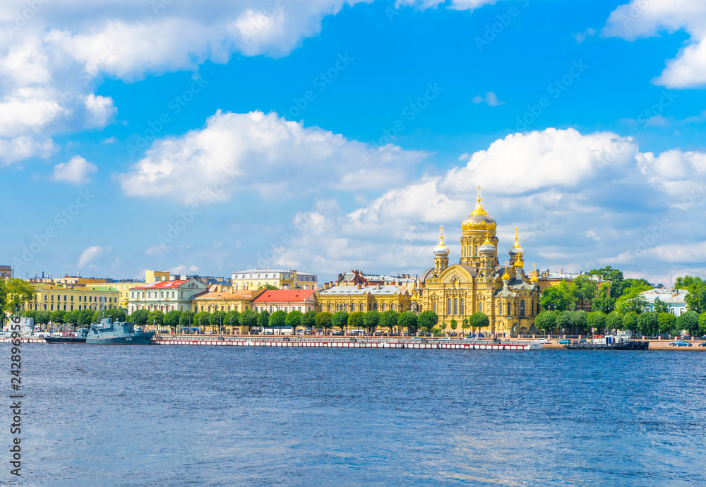Assumption Church in St. Petersburg, Russia. View from the English Embankment