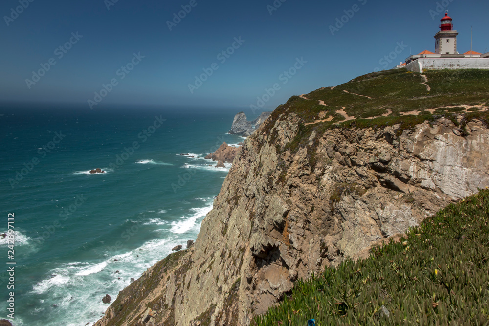 View at Cabo da Roca Lighthouse (Portuguese: Farol de Cabo da Roca) which is Portugal's (and continental Europe's) most westerly point.