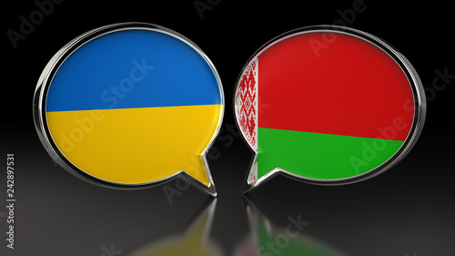 Ukraine and Belarus flags with Speech Bubbles. 3D illustration