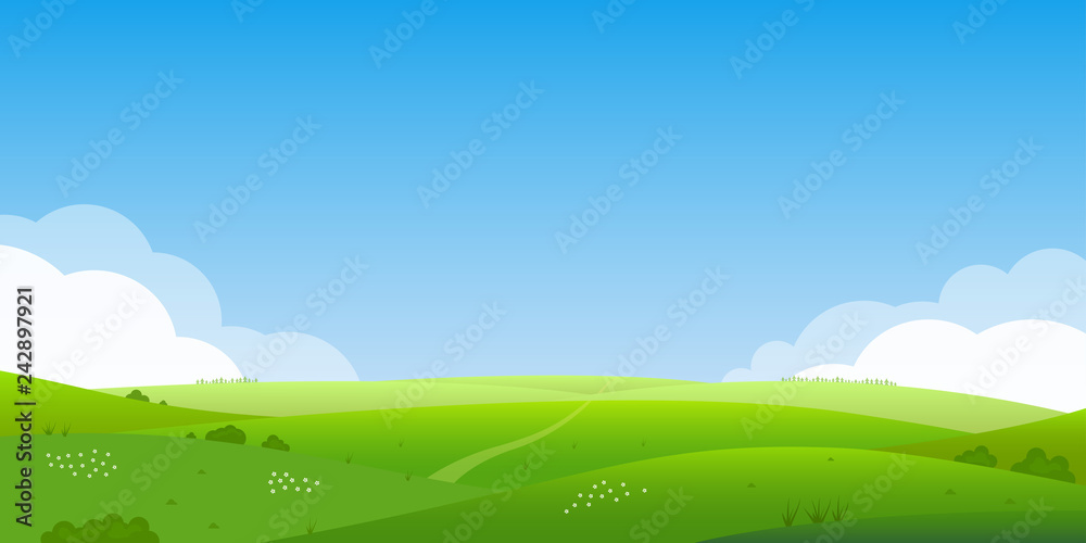 Plakat Tło krajobraz lato. Pole lub łąka z zieloną trawą, kwiatami i wzgórzami. Linia horyzontu z błękitne niebo i chmury. Farma i krajobrazy wiejskie. Ilustracji wektorowych.