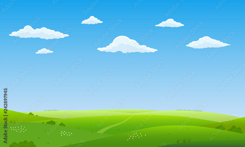 Summer landscape background. Field or meadow with green grass, flowers and hills. Horizon line with blue sky and clouds. Farm and countryside scenery. Vector illustration.