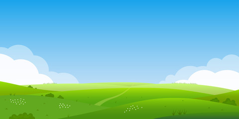 Acrylglasbilder Blau Summer landscape background. Field or meadow with green grass, flowers and hills. Horizon line with blue sky and clouds. Farm and countryside scenery. Vector illustration.  © metelsky25